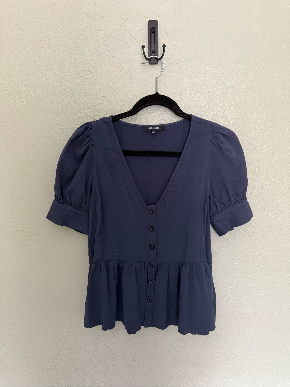 Madewell Navy V-Neck Button Peplum Blouse
